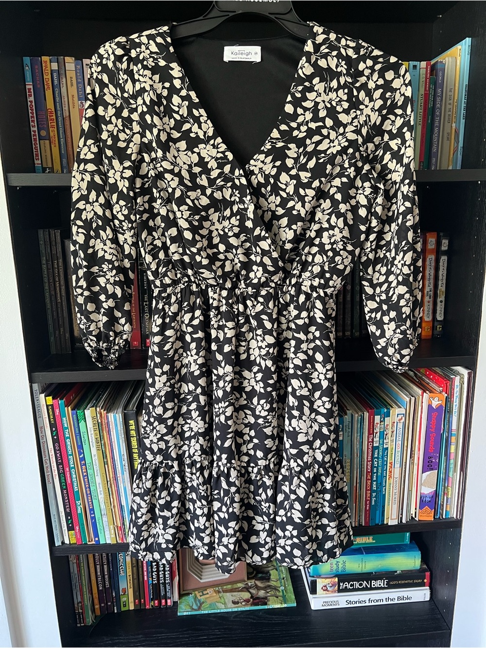 Kaileigh Black Mini Dress with Cream Leaf Print